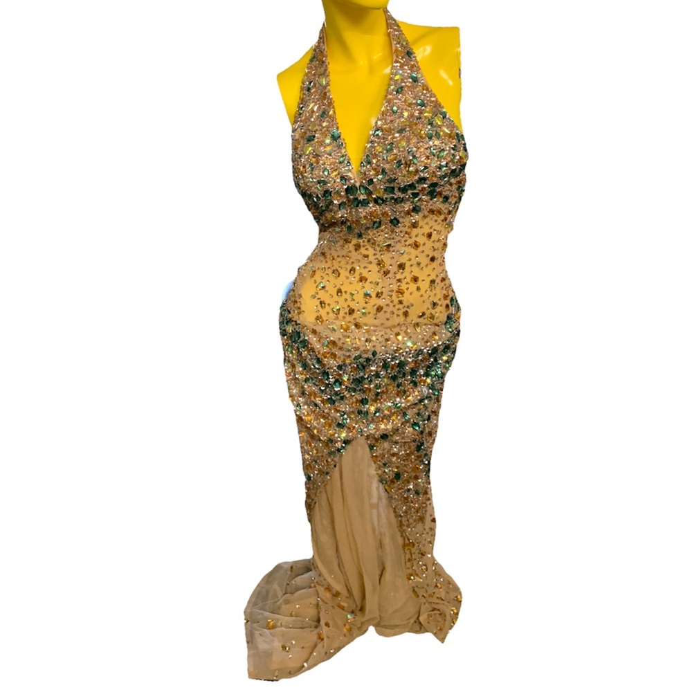 Size 2 Hand-stitched green/topaz colored rhinestone formal dress.